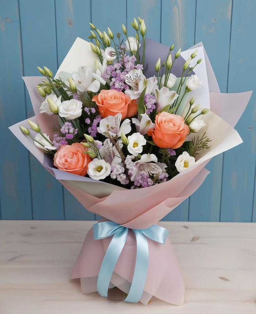 Букет цветов из: Лизиантусы, Розы, Альстромерии и Гипсофила в Есипово